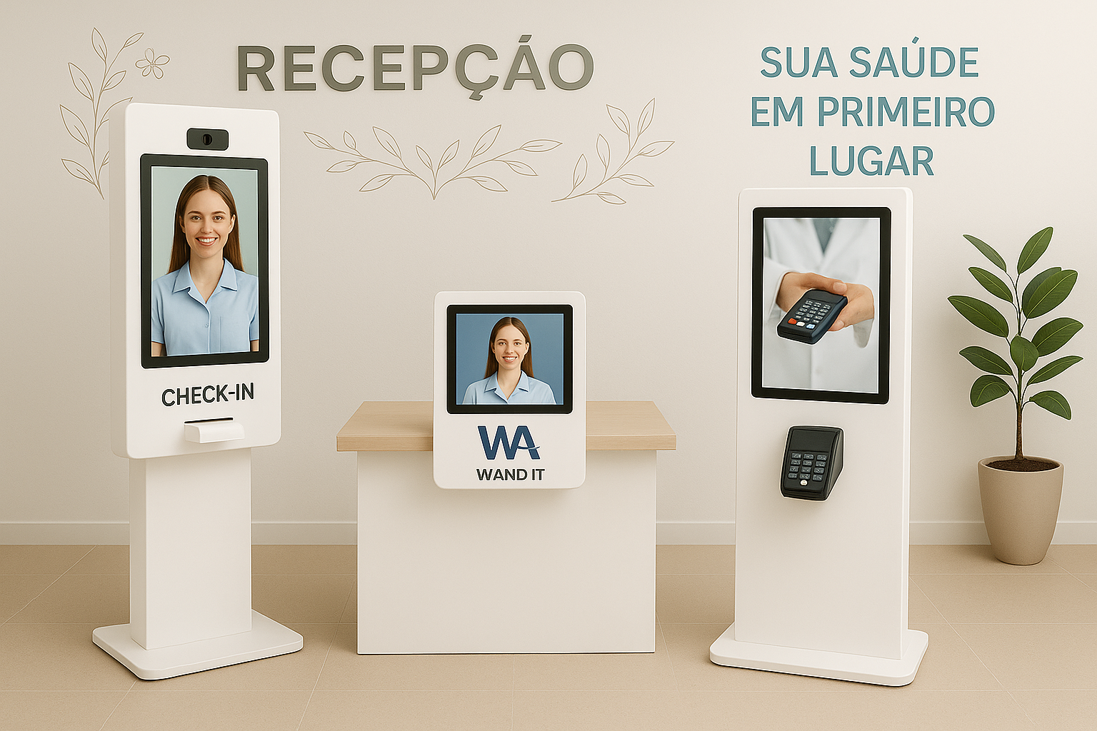 Imagem de uma pessoa escolhendo uma opção em um totem de autoatendimento